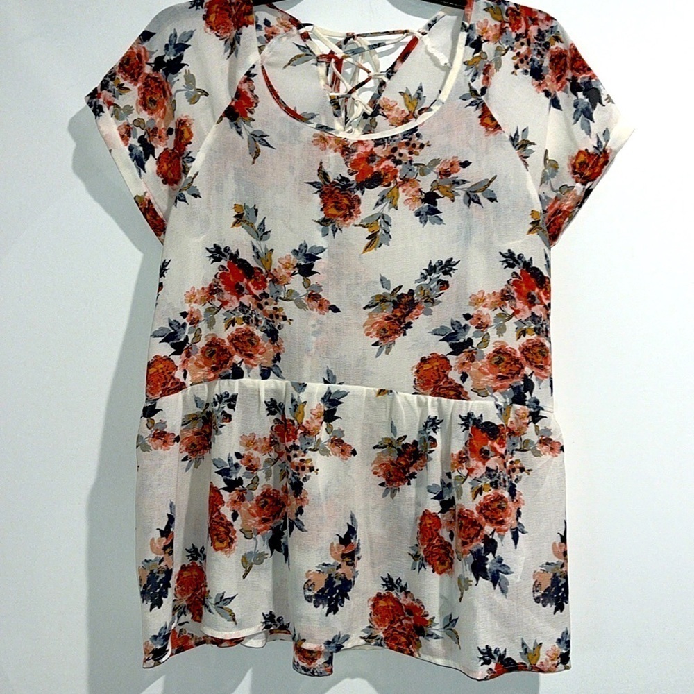 Xhilaration white blue orange floral sheer top. Size large.